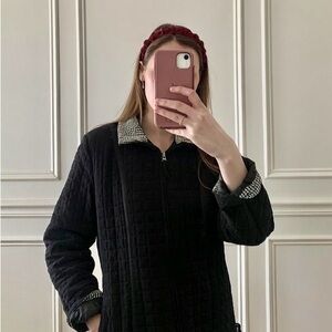 Black Quilted Barn Jacket with Gingham Checkered Collar